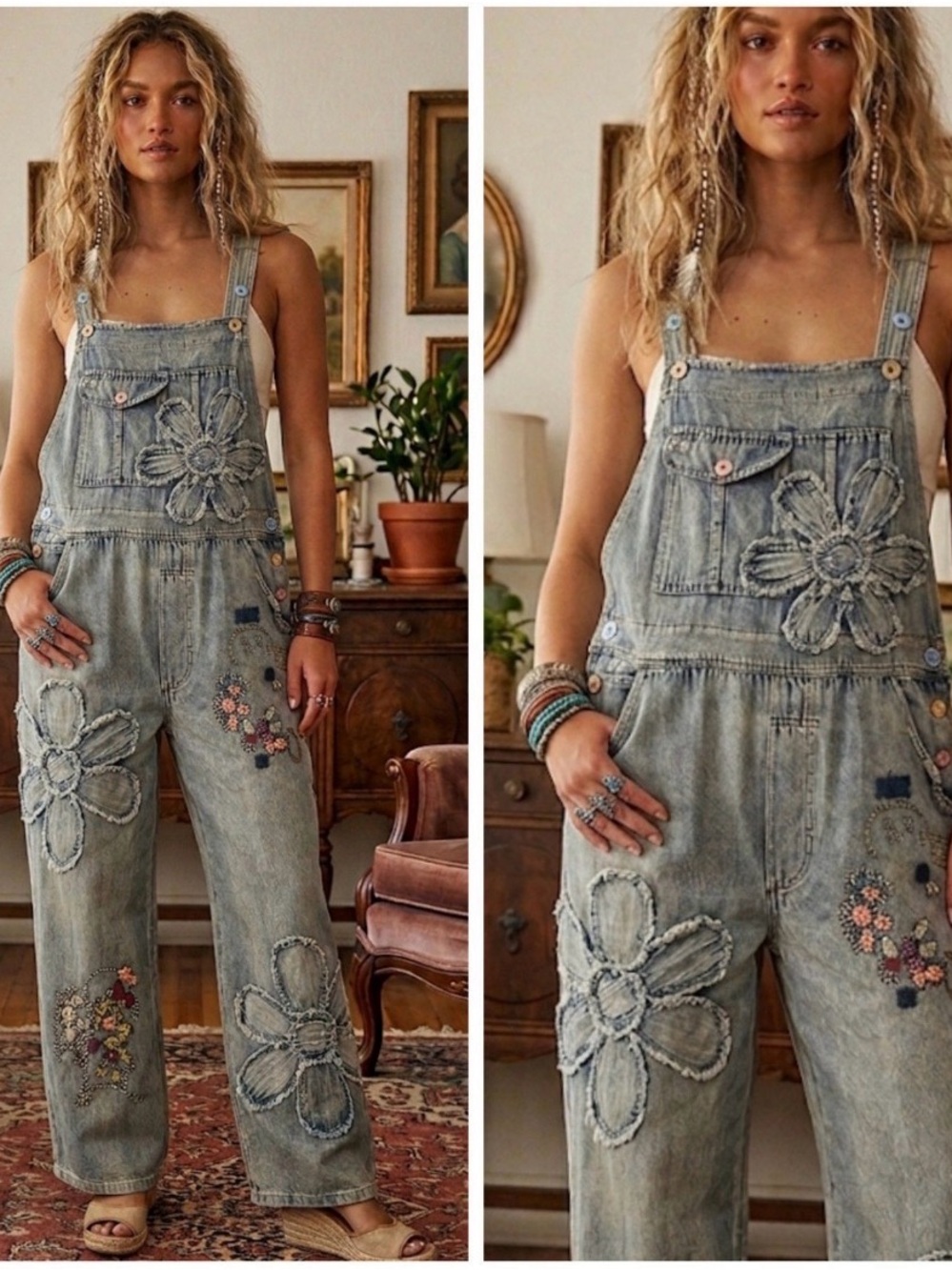 Blue Velvet floral patchwork Washed Blue Floral Appliqué Denim Overalls
